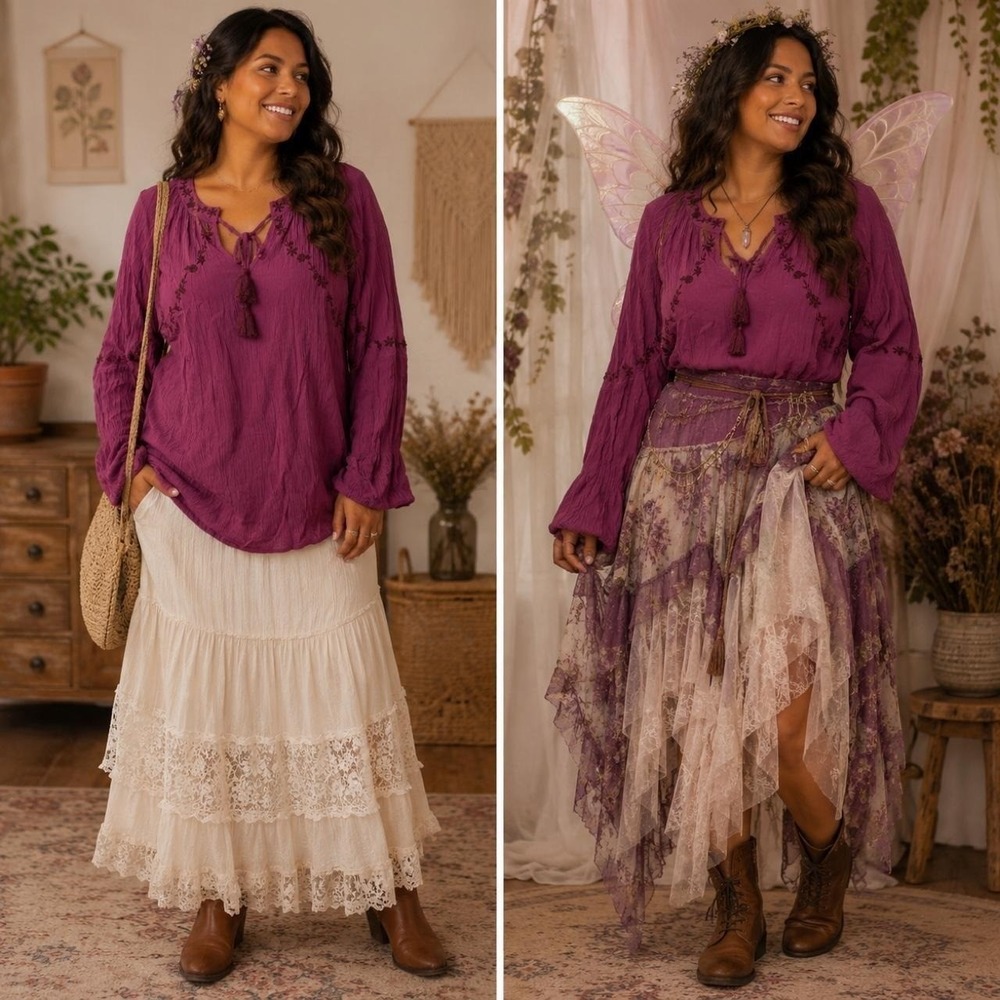 Knox Rose Purple Embroidery Tassel Peasant Blouse Medium Boho Festival Ren Faire